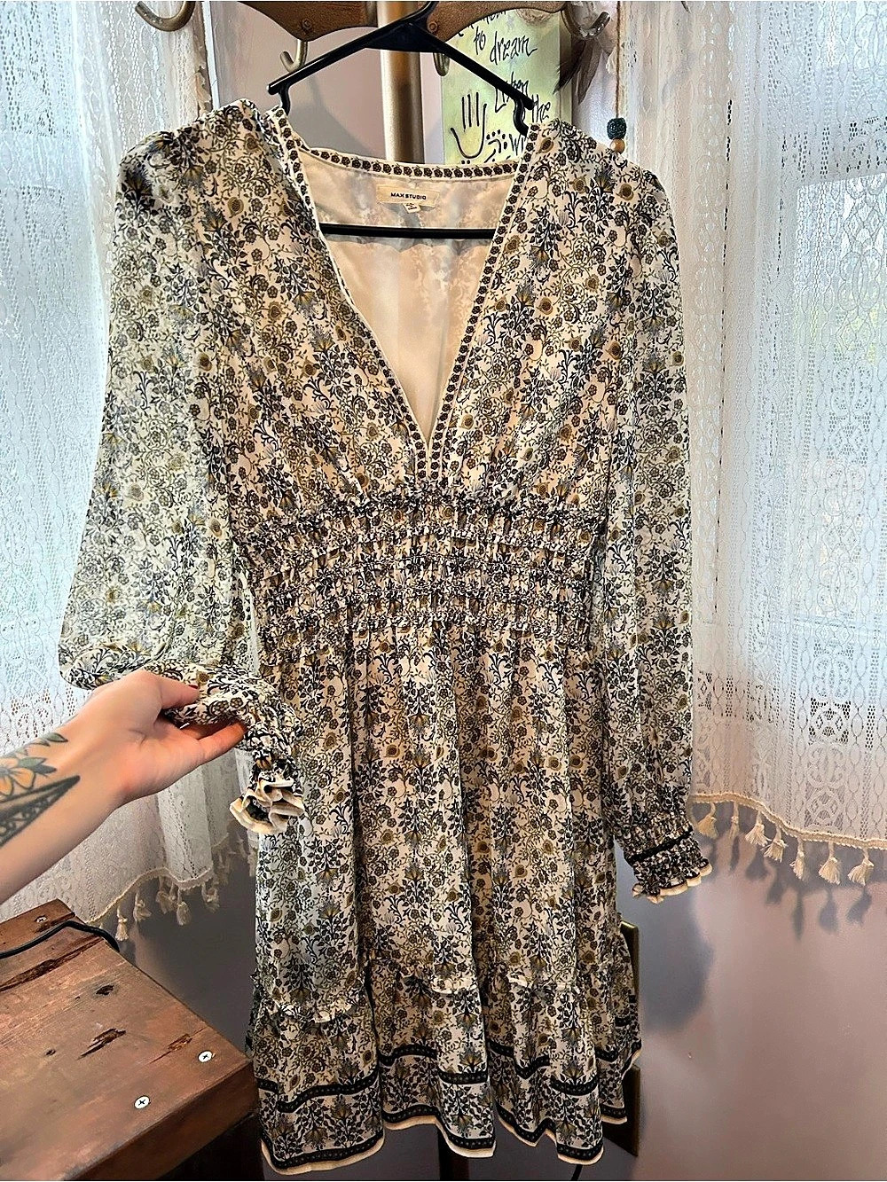 Max Studio Geometric Floral Print Smocked Waist Dress Floral Mini Dress in Cream